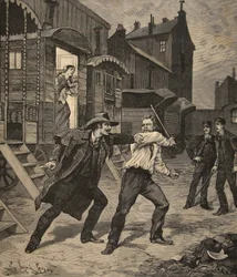 Street fight between a tamer and a street seller, from 